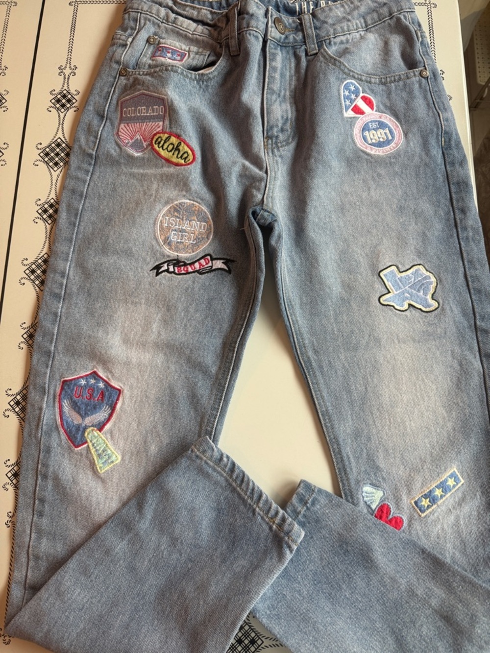 Light Wash Patchwork Boyfriend Jeans - Blue